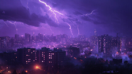 Fototapeta premium Lightning in the sky over a night city with clouds during a thunderstorm