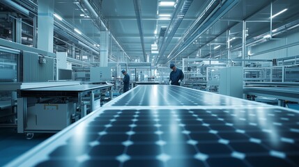 Obraz premium Workers assembling solar panels in a modern manufacturing facility during daylight hours