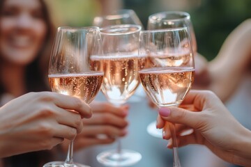 Four people are holding up wine glasses, toasting to a special occasion. The glasses are filled with a pink liquid, and the people are smiling and enjoying each other's company