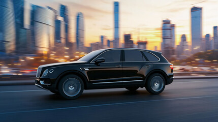 sleek black SUV with tinted windows driving through city at sunset