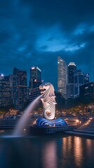 Merlion statue at waterfront with singapore cityscape backdrop image