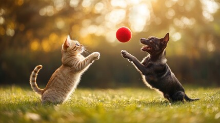 A playful cat and dog chasing a red ball in a sunlit grassy field.