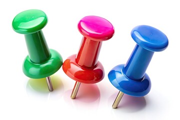 Three Colorful Pins Isolated on White Background for Office, Craft, or Bulletin Board Use