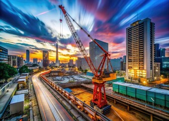 Timelapse of Construction Crane Moving at a Building Site in Yokohama, Japan, Wide Angle Shot