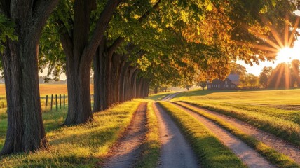 Naklejka premium A Country Road Lined with Trees at Sunset, Leading Towards a Farmhouse