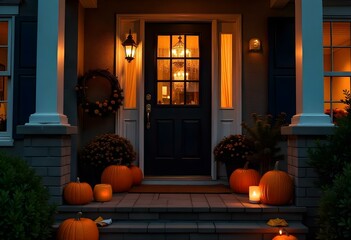 Obraz premium Candid image, photography, natural textures, highly realistic light, editorial, front porch halloween decor after dark