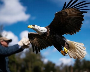 Obraz premium Majestic Bald Eagle in Flight with Open Wings Against Blue Sky
