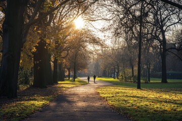 Naklejka premium A serene park path bathed in golden sunlight. Two people stroll peacefully amid vibrant trees and lush grass. This comforting scene evokes tranquility and nature. Generative AI