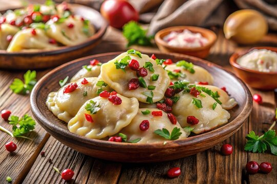 Traditional Polish Pyzy Dumplings Served on a Rustic Wooden Table with Fresh Ingredients Nearby