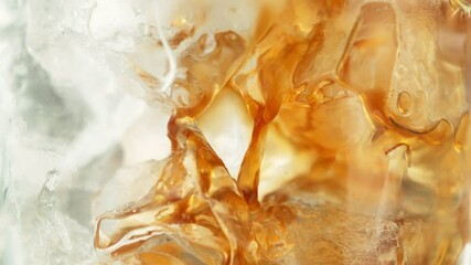 Super Slow Motion of Pouring Brown Liquid of Tea, Coffee or Cola on Ice Cubes, Close-up. Filmed on High Speed Cinema Camera, 1000 fps.