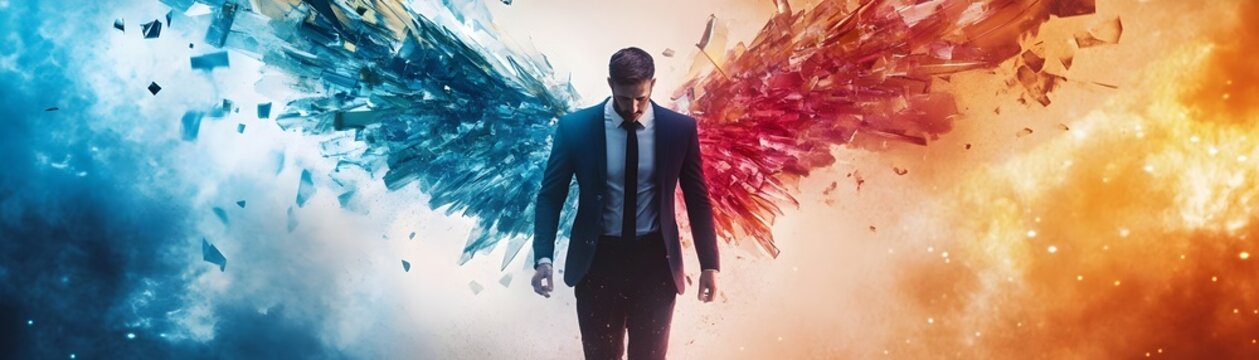 Businessperson Emerging with Vibrant Wings of Innovation and Reinvention