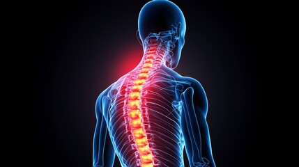 Glowing Red Spinal Cord Highlight in Skeleton Model