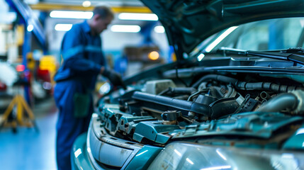 Mechanic inspecting engine with tools scattered around, symbolizing vehicle malfunction and repair process.