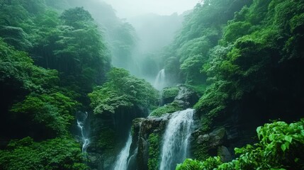 A serene waterfall cascading through lush green foliage in a misty forest.