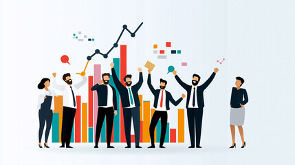 A group of business professionals celebrates success in front of colorful bar graphs and charts, symbolizing successful marketing strategy. atmosphere is vibrant and energetic