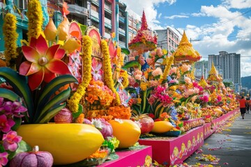 Fototapeta premium A row of colorful flower arrangements are displayed on the sidewalk. The flowers are arranged in various sizes and colors, creating a vibrant and lively atmosphere. Concept of celebration and joy