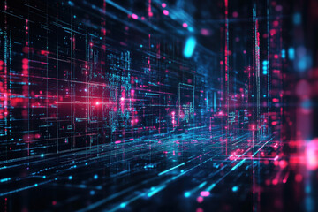 Fototapeta premium A vibrant digital landscape filled with neon lights and abstract patterns representing data flow and technology's evolution at night. Generative AI