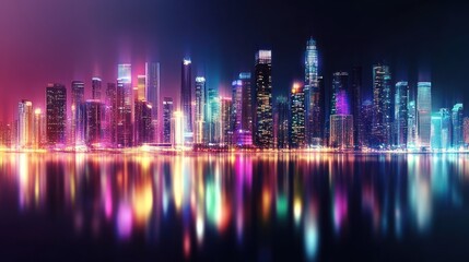 Obraz premium A vibrant city skyline at night reflecting colorful lights on water.