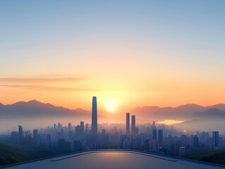 Fototapeta premium A city skyline with a large building in the middle