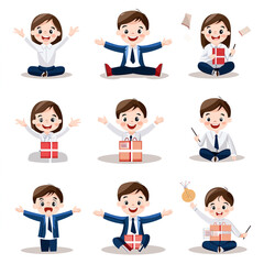 A collection of cheerful cartoon children in various poses, each holding gift box. illustrations show excitement and joy, with kids dressed in casual and formal attire