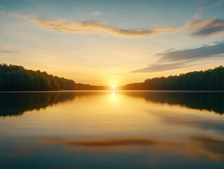Fototapeta premium A beautiful sunset over a lake with trees in the background 