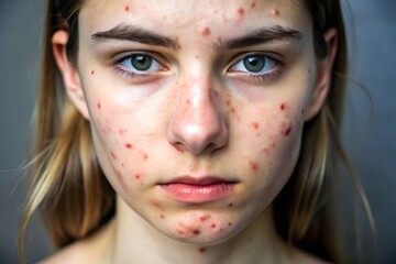 A close-up of a young woman with visible acne, featuring red, inflamed skin and pimple clusters. The image provides a clear example of severe acne for skincare education or treatment advertising.
