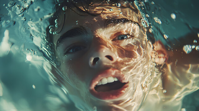 Close-up of a swimmer struggling in the water, face partially submerged.