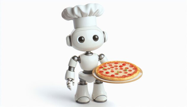 A charming white robot chef presents a pepperoni pizza on a wooden tray...Concept: AI in the kitchen, robotic food preparation, future of dining.