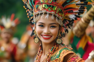 Fototapeta premium A woman wearing a colorful headdress and wearing a red lipstick. She is smiling and looking at the camera