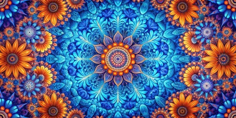 Vibrant Kaleidoscopic Symmetry Intricate Floral Patterns in Blue, Orange, Purple Hues