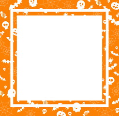 pattern background with frame for Halloween with skulls, bats, cobwebs, spiders, candies and ghosts