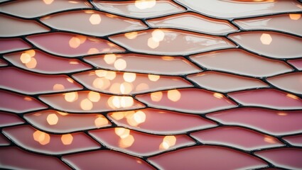 A textured glass surface reflects soft, glowing lights in a warm color range