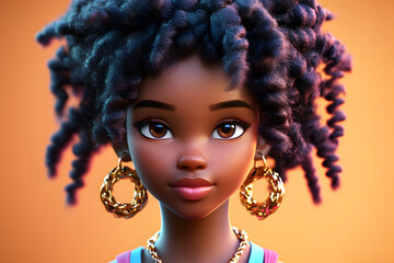 Cartoon virtual anime avatar of black young woman with hair and jewelry