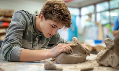 high school student engaged in creating a clay sculpture, showcasing dynamic shapes and textures at his desk. Surrounded by sculpting tools and raw materials