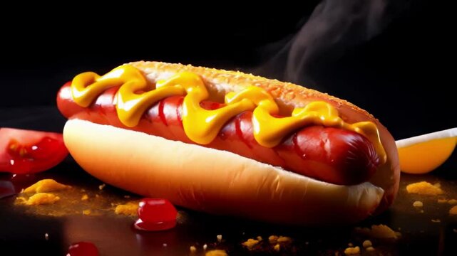 Hot dog with tomat and yellow mustard.