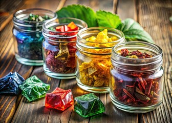 Variety of Flavored Tobacco Sachets Poured from a Plastic Jar on a Wooden Surface for Non-Smokers