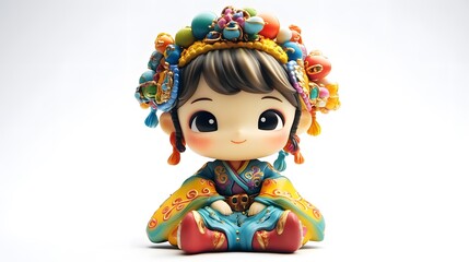Chibi figure in sitting position with oversized head and colorful outfit