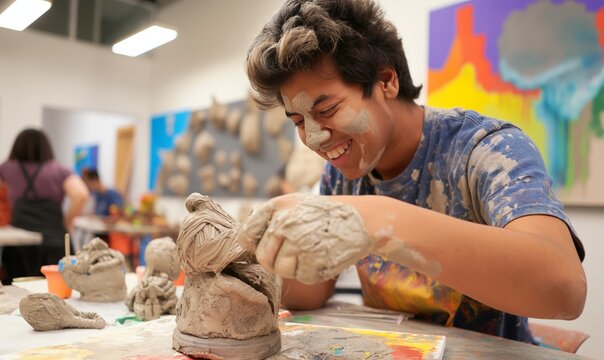 high school student joyfully creating a clay sculpture with paint on their hands, surrounded by colorful wall paintings and artistic materials in an energetic art classroom filled with creativity 