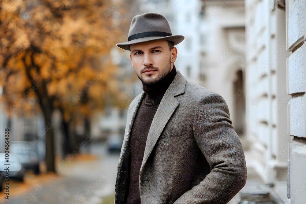 Wall mural modern model man in a formal suit wearing hat with small beard