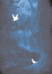 ファンタジー世界のような神秘的な青い森に二羽の鳥　背景イラスト