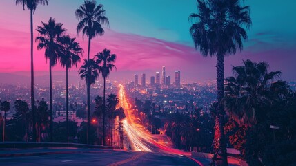 Vibrant sunset over the Los Angeles skyline with palm trees and city lights