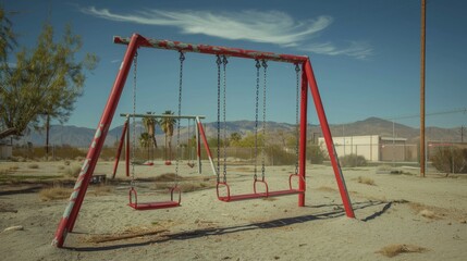 striking red metal playground swing set in an empty desert, framed by mountains and palm trees. The symmetrical composition creates visual balance, showcasing a vibrant contrast