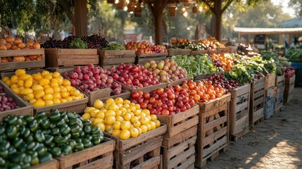 Obraz premium vibrant farmers market bustling with life overflowing with fresh fruits and vegetables colorful displays promoting healthy eating community spirit and mindful living