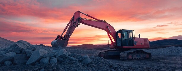 Red Excavator Silhouette at Sunset, AI generated illustration
