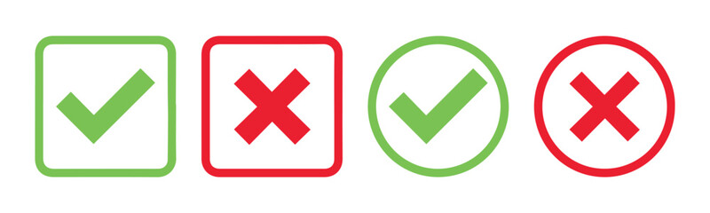 check mark icon button set. check box icon with right and wrong buttons and yes or no checkmark icons in green tick box and red cross