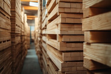 Obraz premium Stacks of smooth, uniform wood beams lined up in a narrow warehouse aisle, lit by soft light