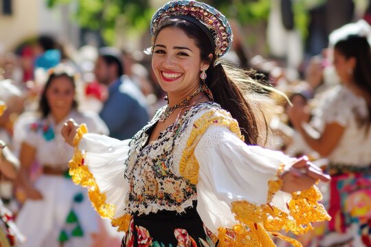 A woman in a colorful outfit is dancing in a crowd. She is smiling and she is enjoying herself