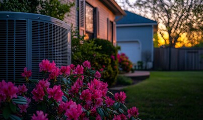 Outdoor Air Conditioning Unit Amidst Azalea Blooms, AI generated illustration