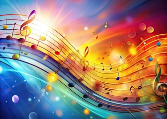 Obraz premium Vibrant and Colorful Music Notes Flowing on a Sheet of Paper with a Dynamic Abstract Background