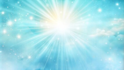 Radiant light rays bursting through soft blue clouds, creating a serene and uplifting atmosphere